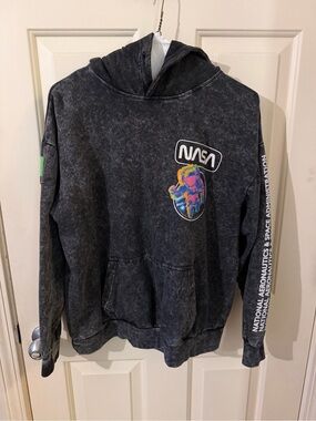 NASA Kids Black Acid-Wash Hoodie with Colorful Astronaut Graphic